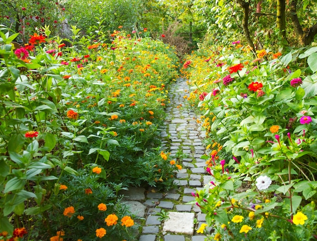 Schmaler weg in einem garten, umgeben von vielen bunten blumen