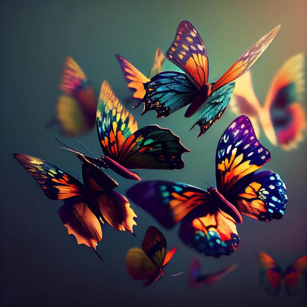 Schmetterling, der über lebendige Naturen fliegt, bunte Muster, generative KI