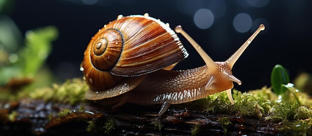 Schnecke kriecht auf dem Moos im Wald Schnecke in der Natur