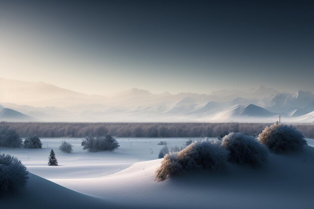 Schneebedeckte Berge und ein Feld mit einem Berg im Hintergrund