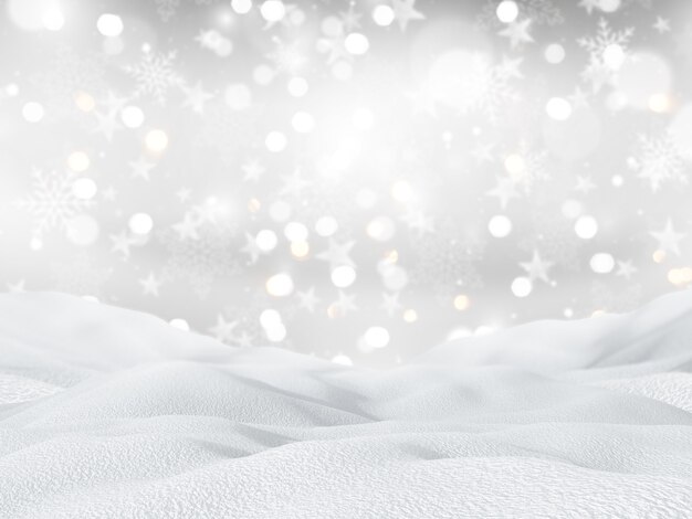 Schneebedeckte Landschaft 3D auf Weihnachtsschneeflocken und Sternhintergrund