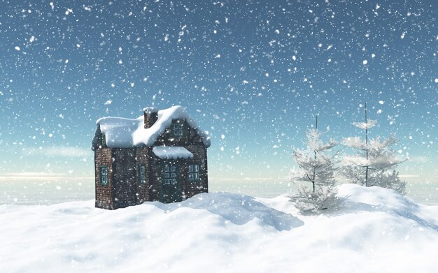 Schneebedecktes Haus 3D mit Bäumen und Haus