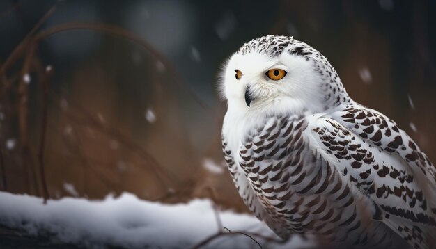 Schneeeule sitzt auf einem Ast und starrt wild an, generiert von KI