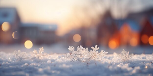 Schneeflocken mit einer Winterlandschaft dahinter