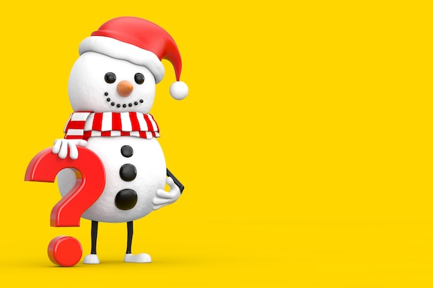 Schneemann im weihnachtsmann-hut-person-charakter-maskottchen mit rotem fragezeichen-zeichen auf gelbem hintergrund. 3d-rendering