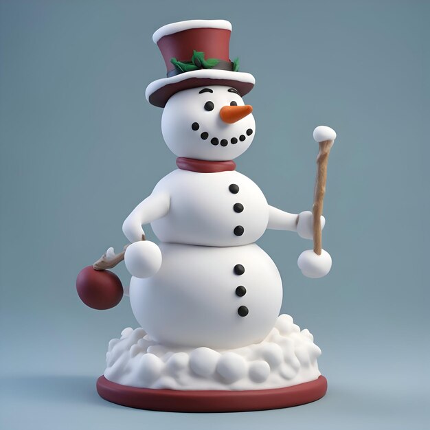 Schneemann mit einem Stock auf blauem Hintergrund, 3D-Illustration