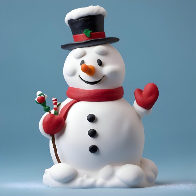 Schneemann mit rotem Schal und Mütze auf blauem Hintergrund, 3D-Illustration