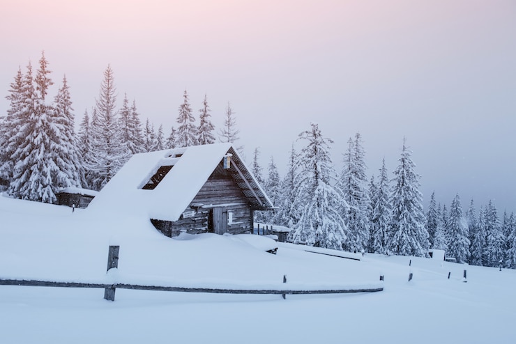 Kostenlose Foto schneewald in den karpaten. ein kleines gemütliches holzhaus mit schnee bedeckt. das konzept von frieden und wintererholung in den bergen. frohes neues jahr