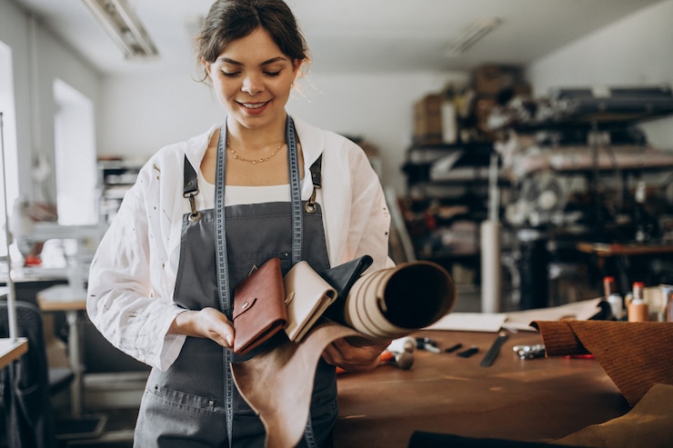 Kostenlose Foto schneiderin, die an ledergewebe arbeitet