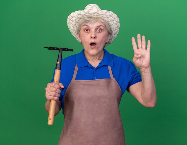 Kostenloses Foto schockierte ältere weibliche gärtnerin, die gartenhut hält, rechen hält und vier mit den fingern auf grün gestikuliert
