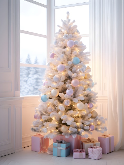 Schön geschmückter Weihnachtsbaum im Innenraum