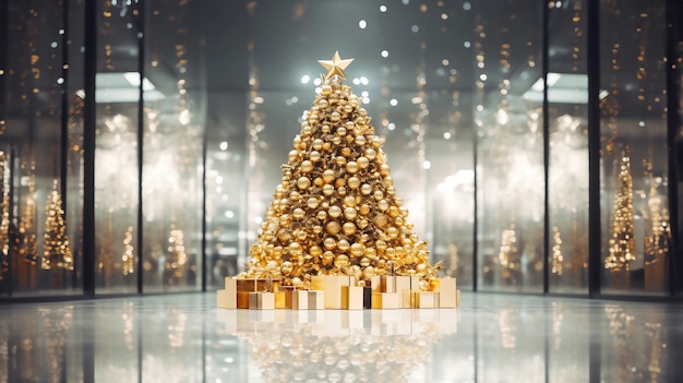Schön geschmückter Weihnachtsbaum mit Beleuchtung im Geschäftsraum