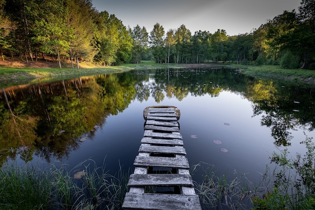 Schöne Ansicht der Bäume in den Herbstfarben, die in einem See mit einer hölzernen Promenade reflektieren