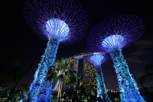 Schöne Aufnahme der hohen blauen architektonischen Gebäude von Singapore Gardens durch die Bucht