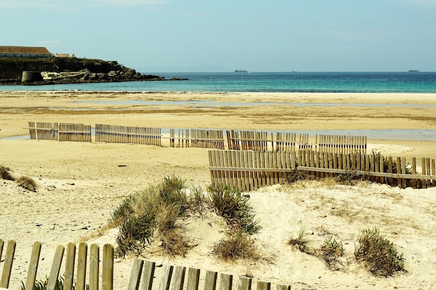 Schöne Aufnahme der Küste voller Holzzäune auf dem Sand