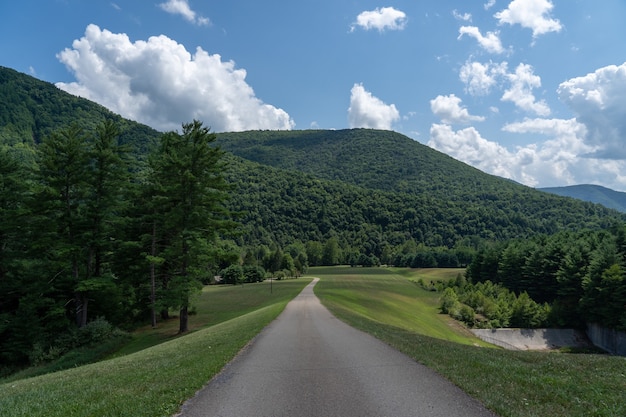 Schöne Aufnahme einer Straße, die durch grüne Hügel unter einem hellen Himmel in Austin, Pennsylvania führt