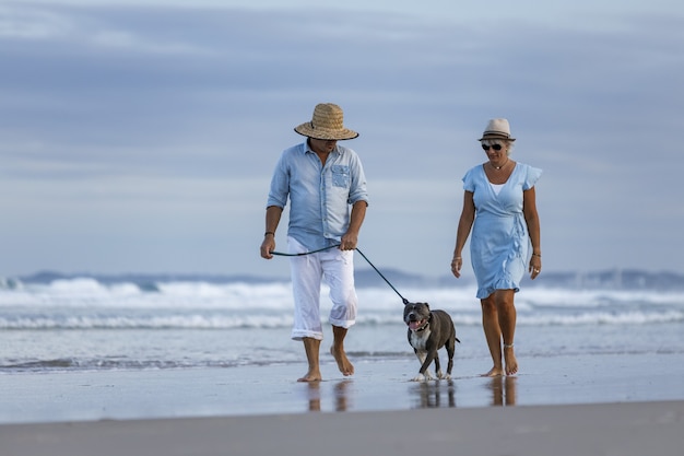 Schöne Aufnahme eines Paares am Strand mit blauem englischem Stafford-Hund