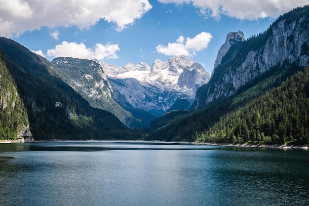 Kostenloses Foto schöne aussicht auf den gosauseen in dachstein österreich, umgeben von üppigen bäumen und schneebedeckten bergen