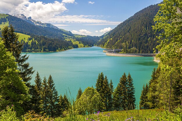 Schöne Aussicht auf einen See umgeben von Bergen in Longrin See und Damm Schweiz