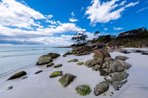 Schöne Aussicht auf einen Strand mit sauberem blauem Wasser unter einem hellen Himmel