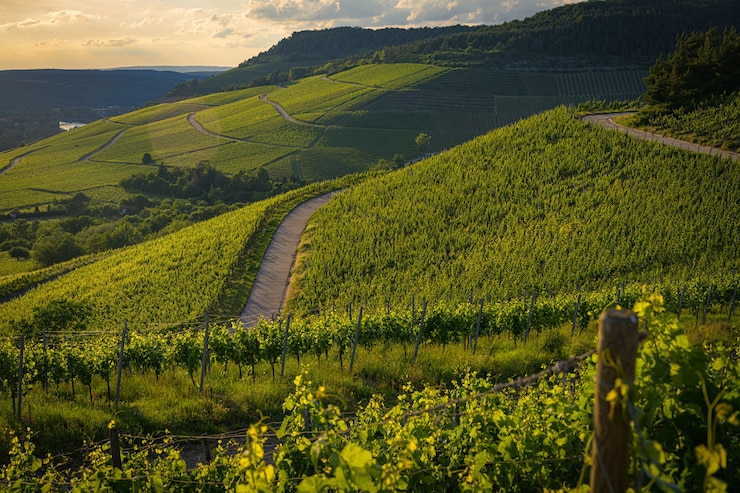 Kostenlose Foto schöne aussicht auf einen weinberg in den grünen hügeln bei sonnenuntergang