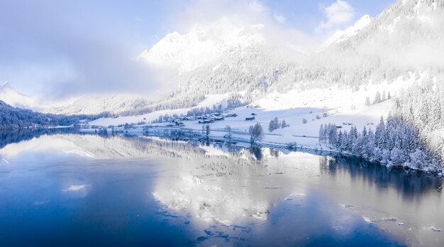 Schöne Bäume in der Winterlandschaft am frühen Morgen bei Schneefall