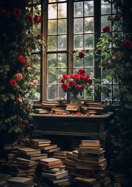 Schöne Bibliothek mit Rosen
