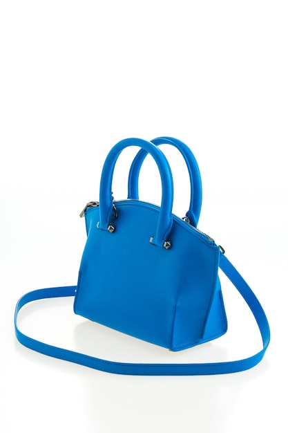 Schöne Eleganz und Luxus Mode Frauen und blaue Handtasche