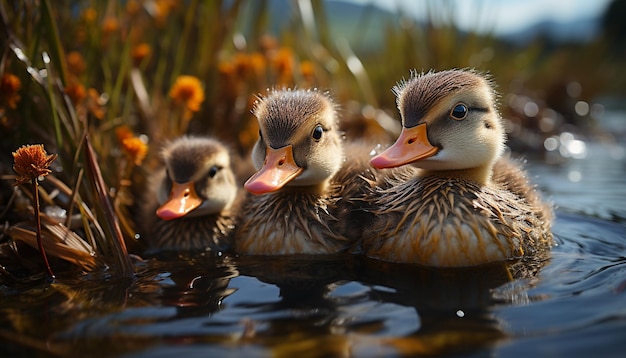 Kostenloses Foto schöne entenküken, die in einen von künstlicher intelligenz erzeugten grünen teich in die kamera schauen