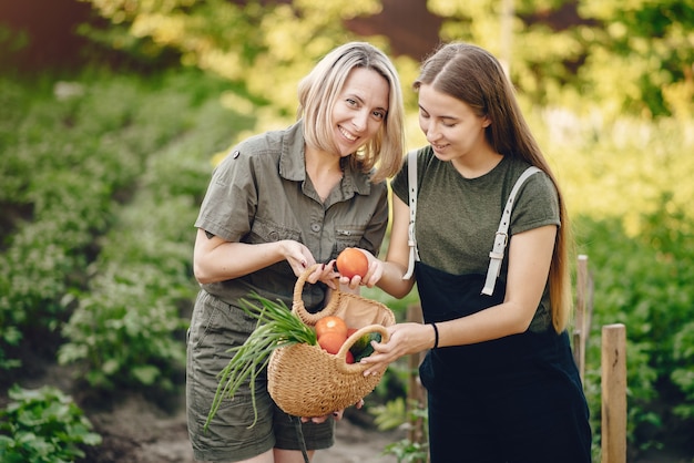 Schöne Familie arbeitet in einem Garten in der Nähe des Hauses