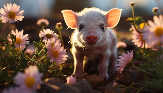 Kostenloses Foto schöne ferkel weiden auf der wiese, umgeben von wunderschönen blumen, die von künstlicher intelligenz erzeugt wurden