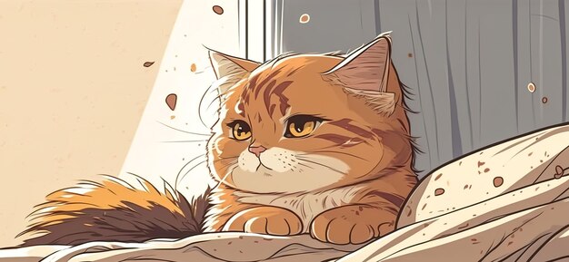 Schöne flauschige Katze im Bett generative KI
