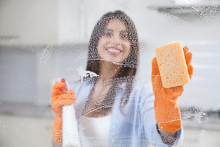 Kostenlose Foto schöne frau, die fenster in gummihandschuhen wäscht