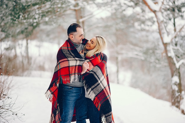 Schöne Frau in einem Winterpark mit ihrem Ehemann