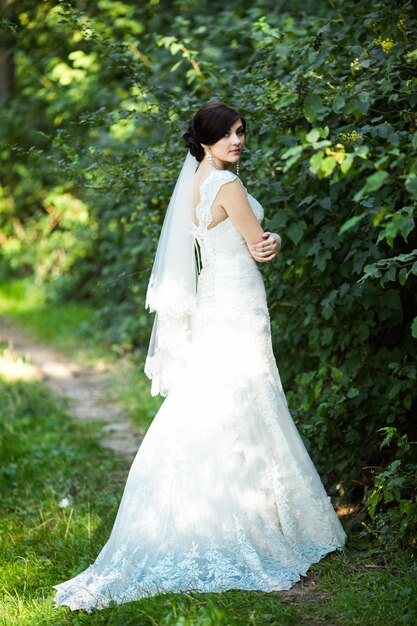 Schöne Frau mit ihrem Brautkleid mit Schleier