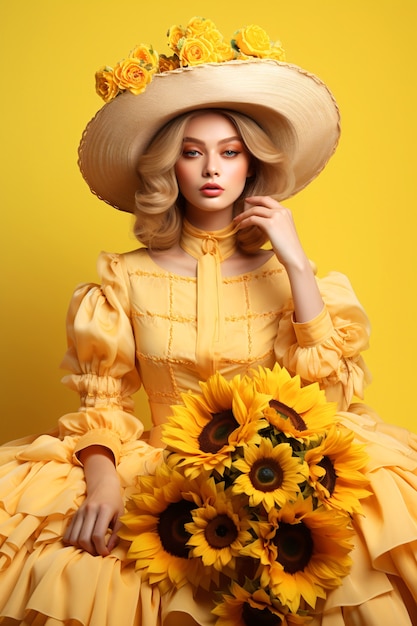 Schöne Frau posiert mit Sonnenblumen