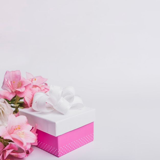 Schöne Frischwasserlilie und verziertes Geschenk auf weißem Hintergrund