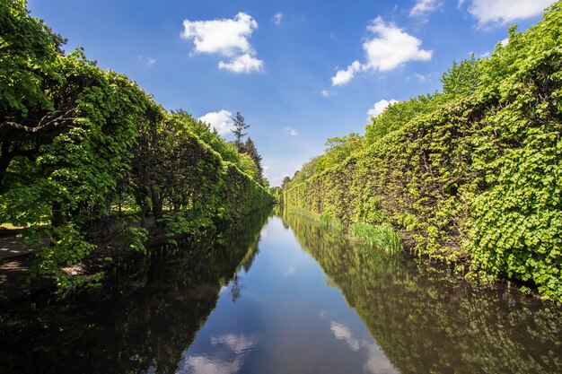 Schöne Gasse mit einem Fluss mit den Reflexionen der Bäume in Danzig, Polen