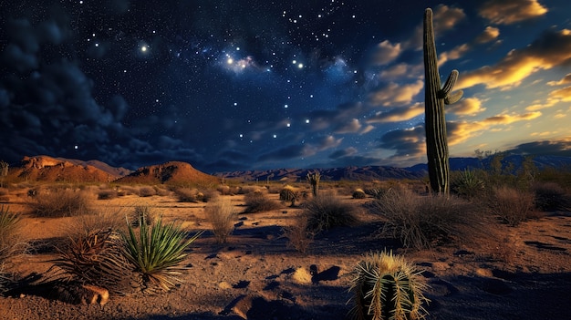 Schöne Kaktuspflanze mit Wüstenlandschaft und Nachtzeit