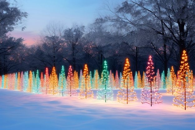 Kostenloses Foto schöne kleine weihnachtsbäume mit lichtern im freien