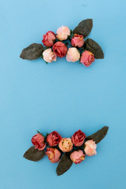 schöne Komposition mit Rosen und Blütenblättern auf blauem Hintergrund mit Exemplar