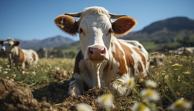 Schöne Kuh weidet auf der grünen Wiese und schaut auf die von künstlicher Intelligenz erzeugte Kamera