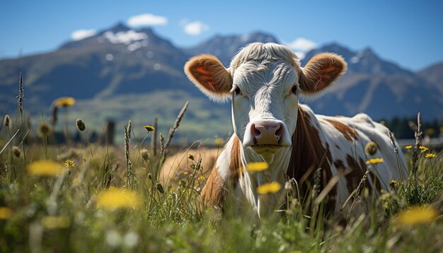 Schöne Kuh weidet auf einer grünen Wiese unter blauem Himmel, erzeugt durch künstliche Intelligenz