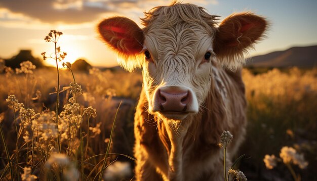 Schöne Kuh weidet auf einer grünen Wiese unter dem von künstlicher Intelligenz erzeugten Sonnenuntergang