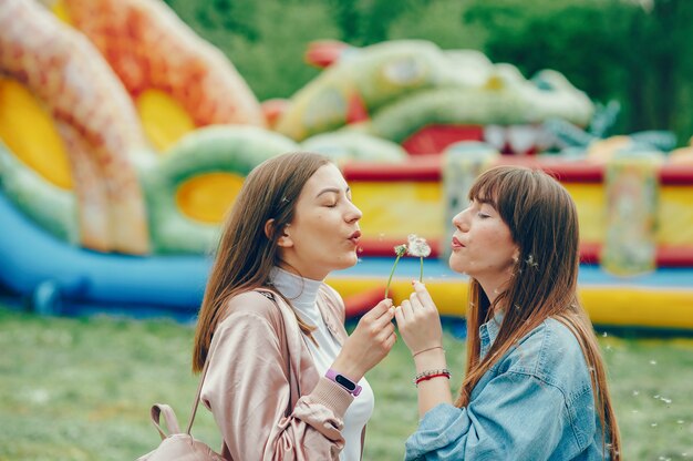 Schöne Ladys, die im Park stillstehen und mit Löwenzahn spielen.