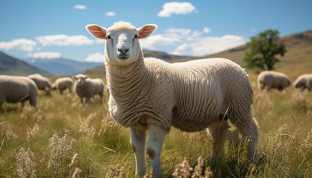 Schöne Lämmer weiden auf der grünen Wiese. Naturschönheit, die von künstlicher Intelligenz erzeugt wird.