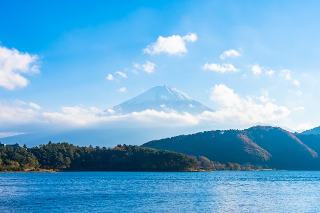 Schöne Landschaft des Berges Fuji mit Ahornblattbaum um See
