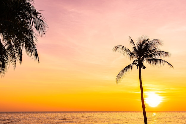 Schöne Landschaft des Meeresozeans mit Silhouette Kokospalme bei Sonnenuntergang oder Sonnenaufgang