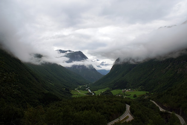 Schöne Landschaft einer grünen Landschaft der Berge, die im Nebel eingehüllt sind