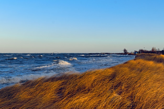 Schöne Landschaft eines grasbewachsenen Hügels am Meer unter dem atemberaubenden Himmel